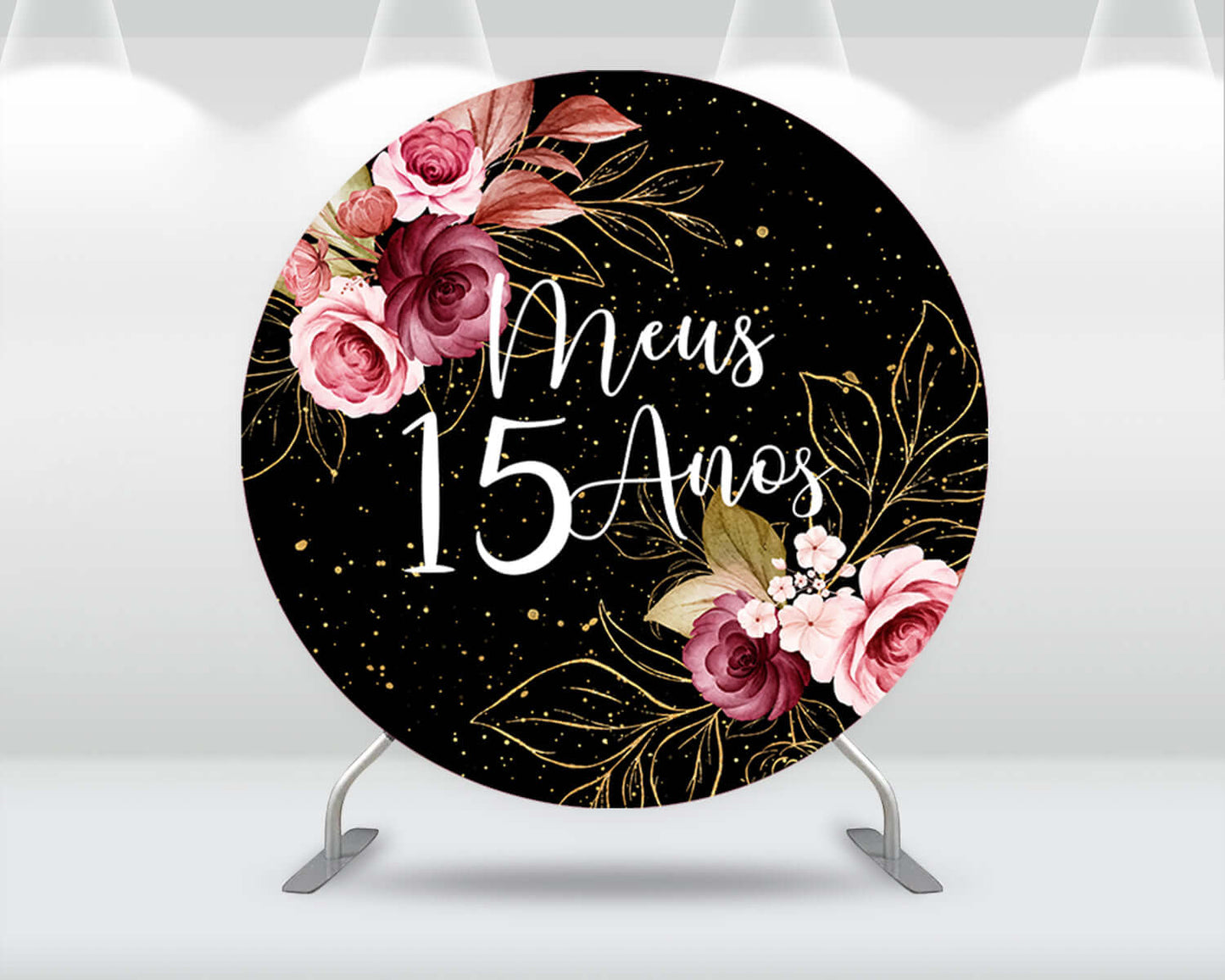 Happy 15th Birthday Round Circle Backdrop Cover Black Wall Florals Birthday Background Cylinder Pillar Covers