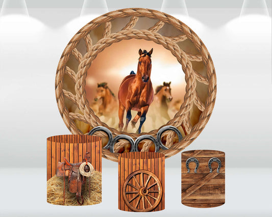 Horse Stable Round Backdrop for Birthday Decor Background Cylinder Pedestal Covers Plinth Cover Printed Fabric Baby Shower