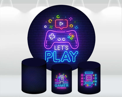 Neon Lights Playstation Games Round Backdrop Birthday Party Decoration Candy Table Circle Cylinder covers Photo studio Background