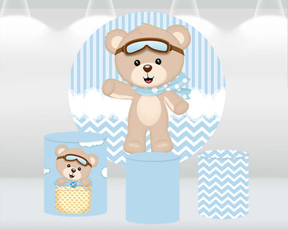 Sensfun Bear Baby Shower Round Backdrop Cover Blue theme Boy Birthday Party Decoration Circle Background Cake table Pillar Covers