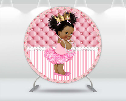 Pink Princess Girl Birthday Party Round Backdrop Cover Decoration Gold Crown Newborn Baby Shower Circle Background Pedestal Cover