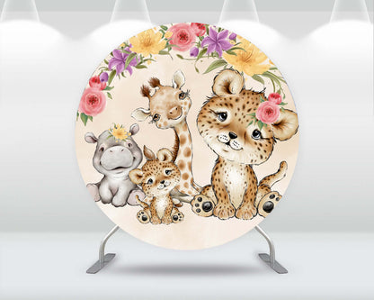 Safari Baby Shower Circle Background Flower Leopard print Woodland Wild One Cylinder Cover Animals Round Backdrop Candy Table Banner