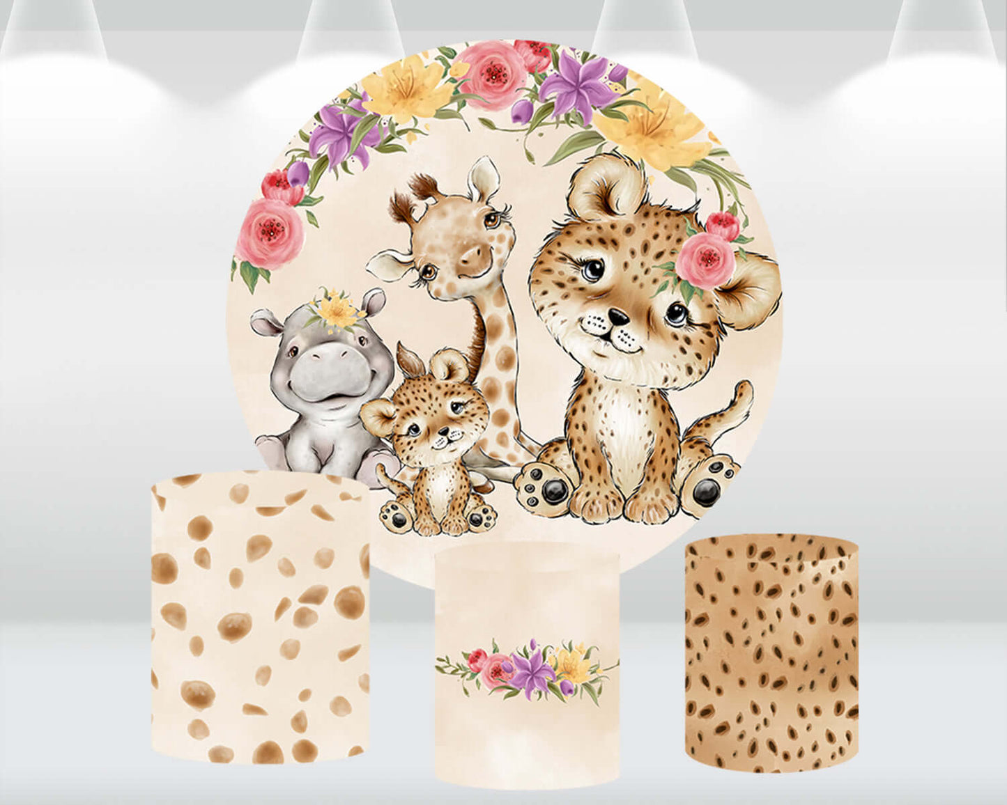 Safari Baby Shower Circle Background Flower Leopard print Woodland Wild One Cylinder Cover Animals Round Backdrop Candy Table Banner
