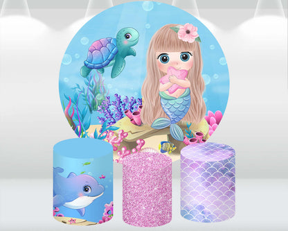 Undersea Mermaid Round Background Circle Backdrop Baby Shower Girl Birthday Party Decoration Table Cylinder Cover Photo Studio