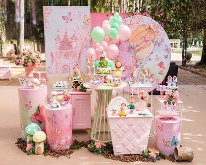 Girl Birthday Photography Round Backdrops Banners Watercolor Colorful Butterfly Fairy Circle Backgrounds Table Plinth Covers