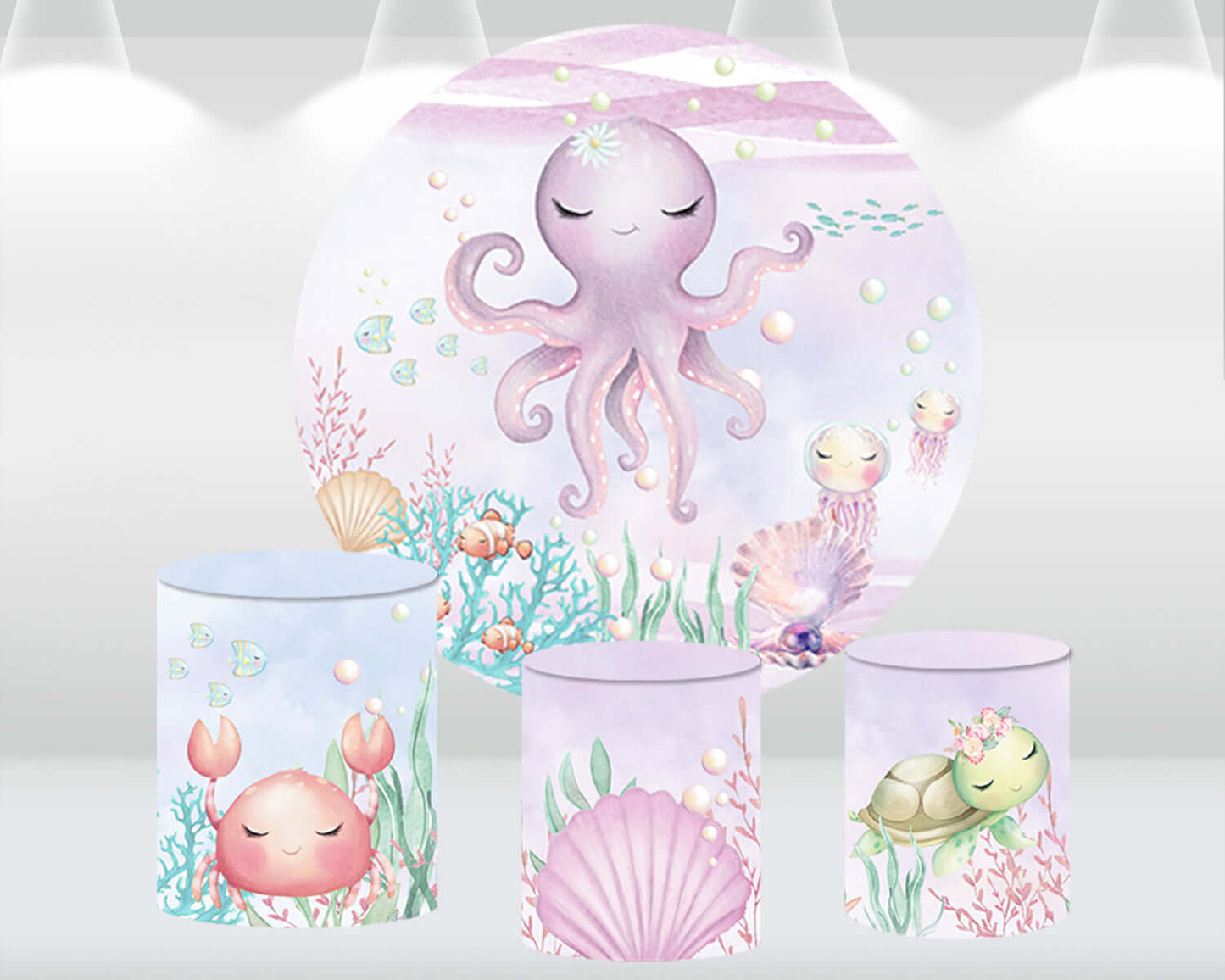 Purple Cartoon Octopus Round Backdrop Cover for Kids Baby Shower Party Decoration Undersea Mermaid Birthday Background