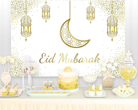 Eid Mubarak Poster Round Background Golden Dots Moon Islamic Mosque Lamps Ramadan Kareem Home Decor Wallpaper Photo Backdrop