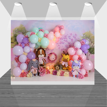 Newborn Baby 1st Birthday Party Backdrops Colorful Balloons Animals Girl Cake Smash Photography Backgrounds For Photo Studio Props