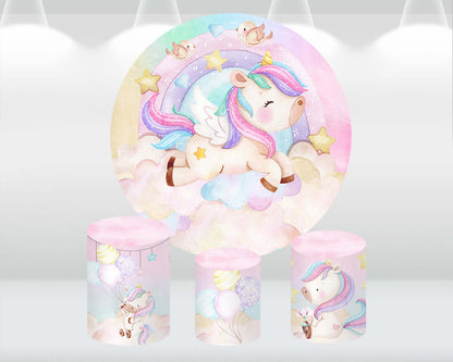 Unicorn Birthday Round Backdrop Cover Star Rainbow Baby Shower Circle Background Cake Table Banner