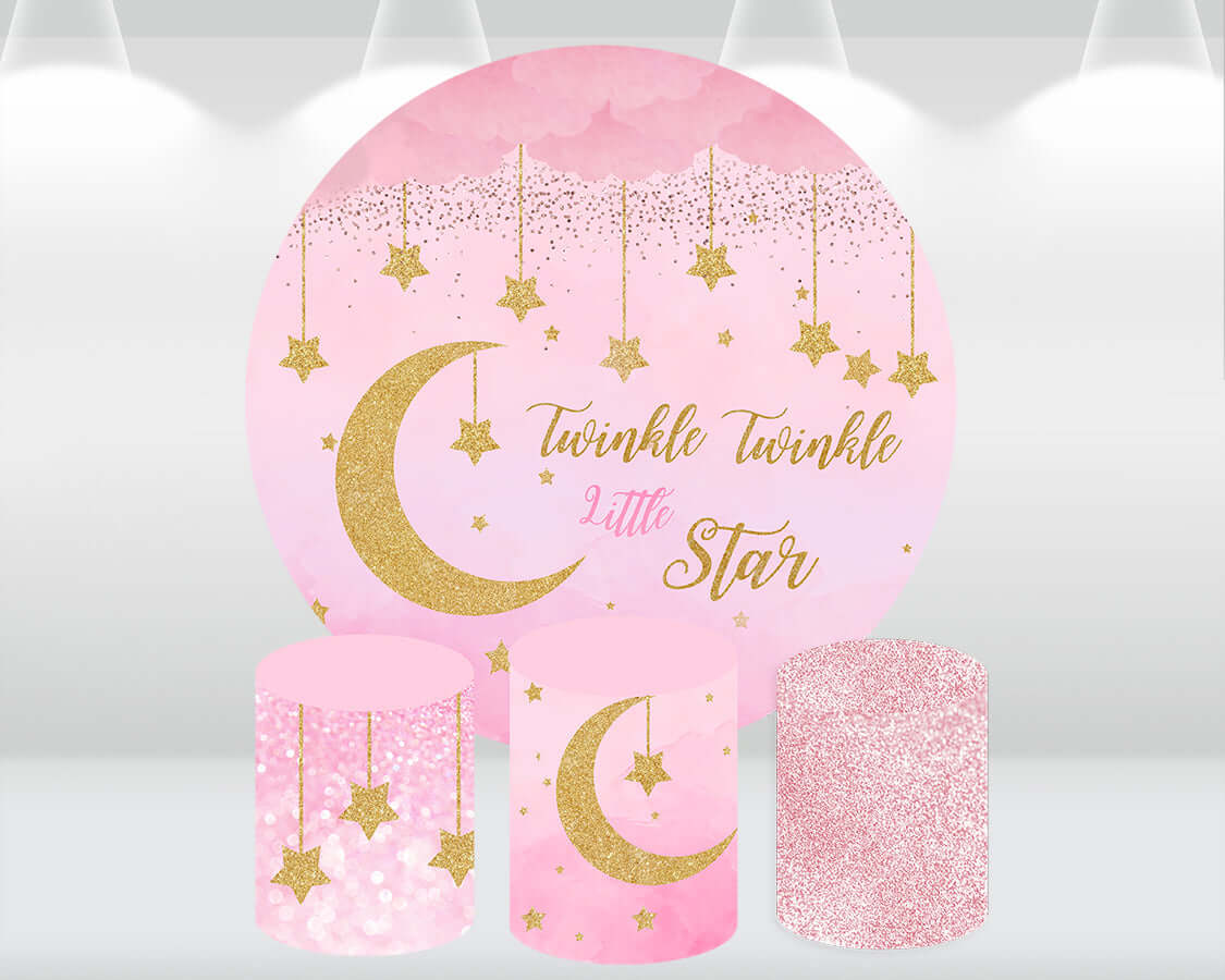 Pink Twinkle Little Star Circle Round Background Glitter Starry Sky Baby Shower Birthday Party Backdrop For Photo Studio