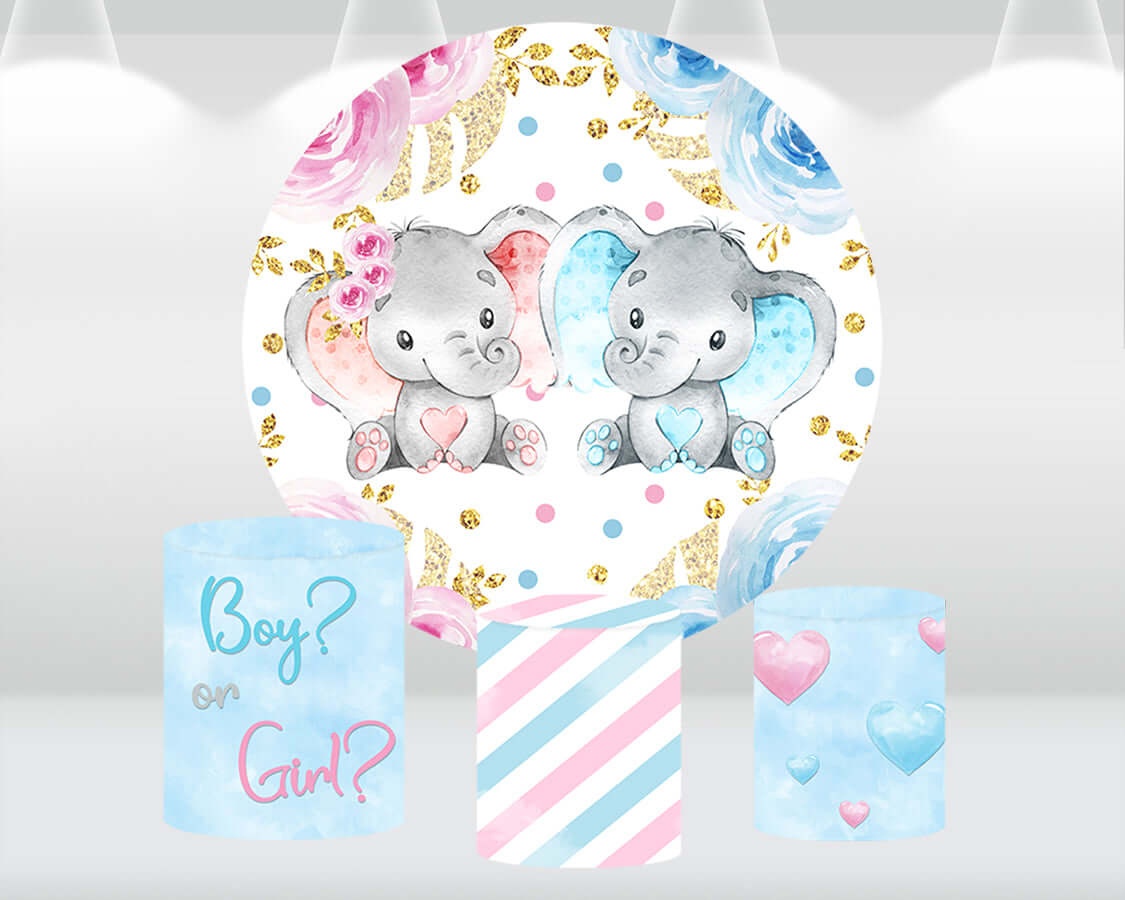 Baby Elephant Baby Shower Round Backdrop Cover Gender Reveal Party Photocall Boy or Girl Background Circle Pedestals Covers