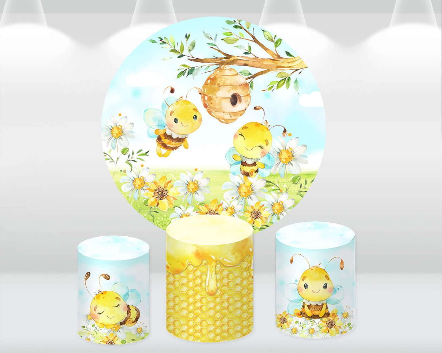 Newborn Baby Shower Round Backdrop Cover Yellow Honey Bee Birthday Party Circle Cover Photography Background Pedestal Cylinder Covers