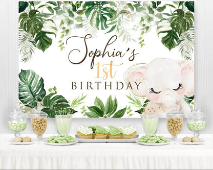 Greenery Leaves Baby Shower Background Photography Custom Baby Elephant Birthday Party Backdrop for Photo Studio