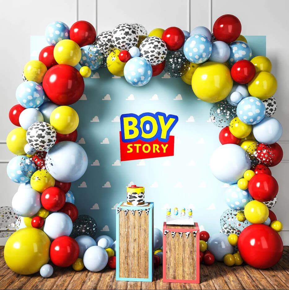 Toy Inspired Story Balloons Garland Arch Kit 5 inch +10 inch +12inch+18 inch Pastel Blue Yellow Red Balloons Happy Birthday Balloons Baby Shower Decorations