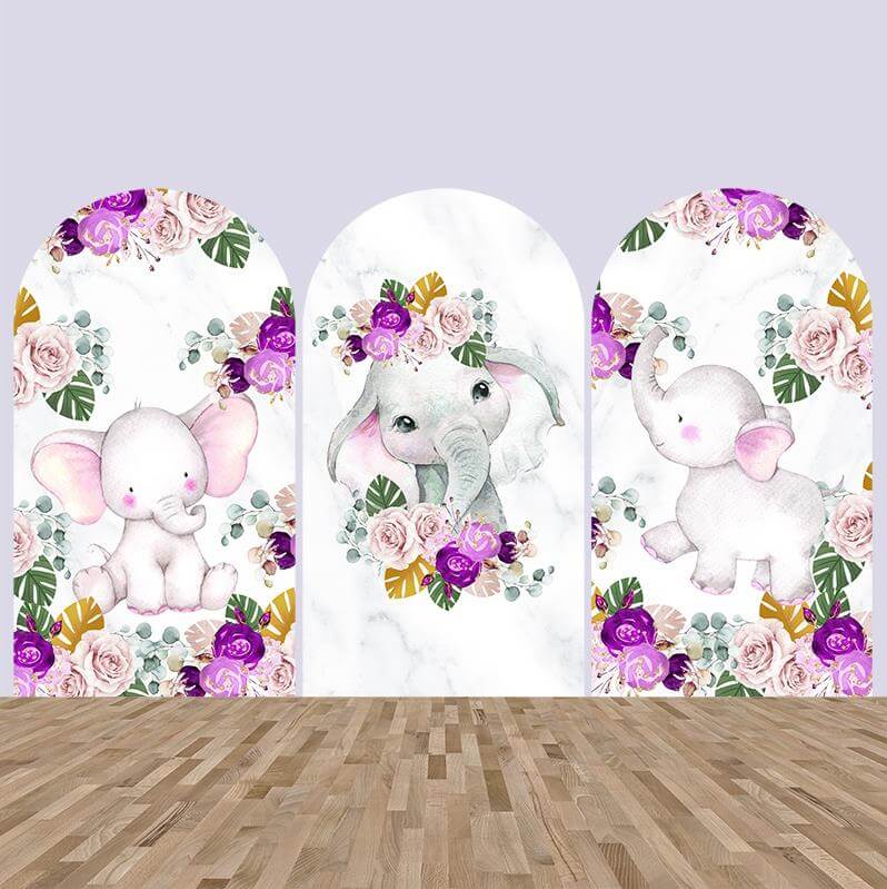 Purple Flowers Elephant Baby Shower Arched Wall Backdrop