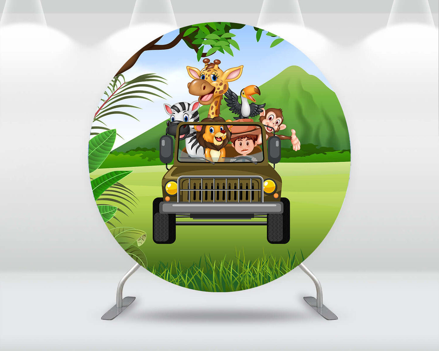 Safari Birthday Circle Backdrop Cover Cartoon Car Animals Boy Birthday Background Photography Banner