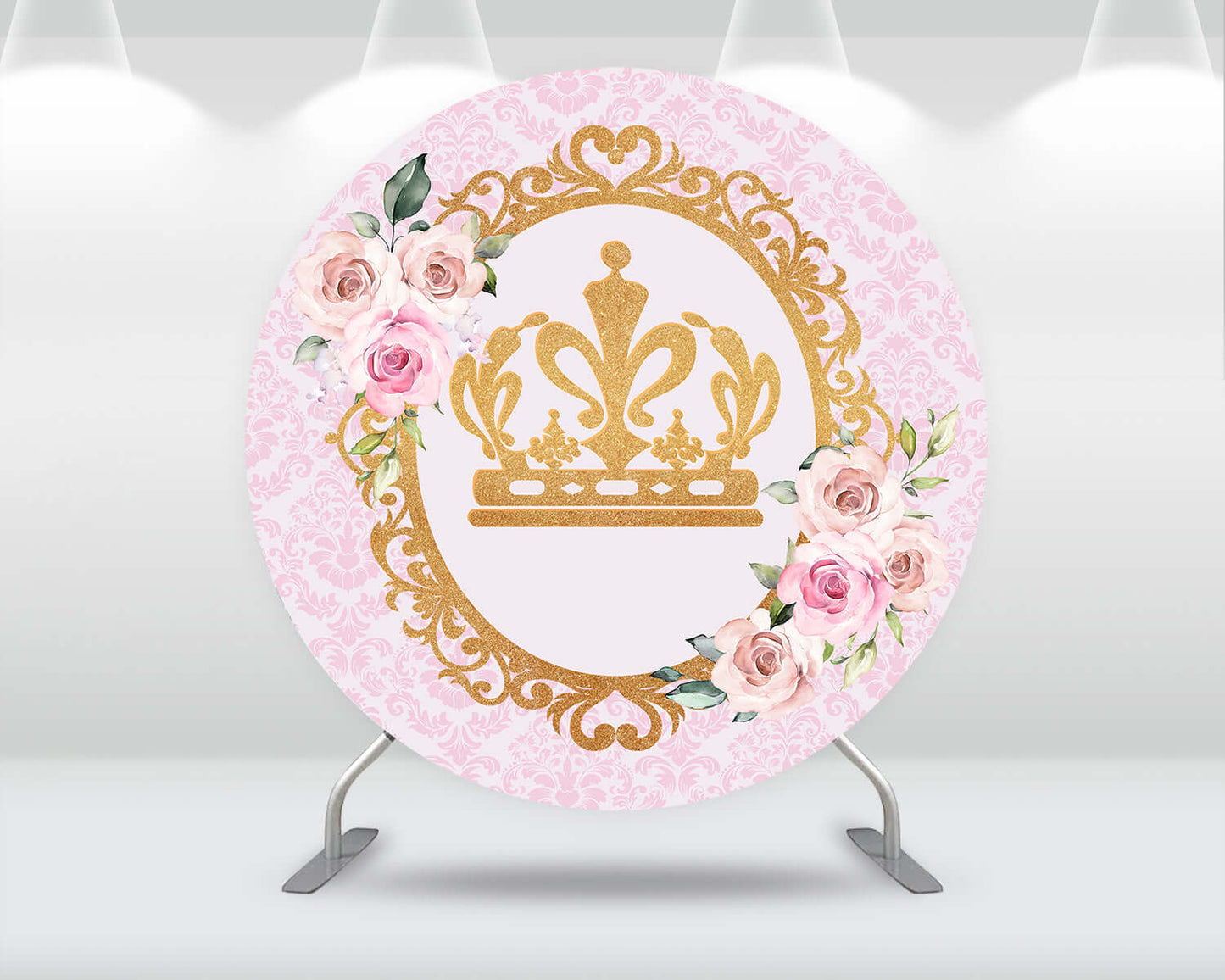 Princess Round Backdrop Gold Crown Pink Flower Birthday Party Poster Circle Background Photo Studio Headboard Plinth Covers