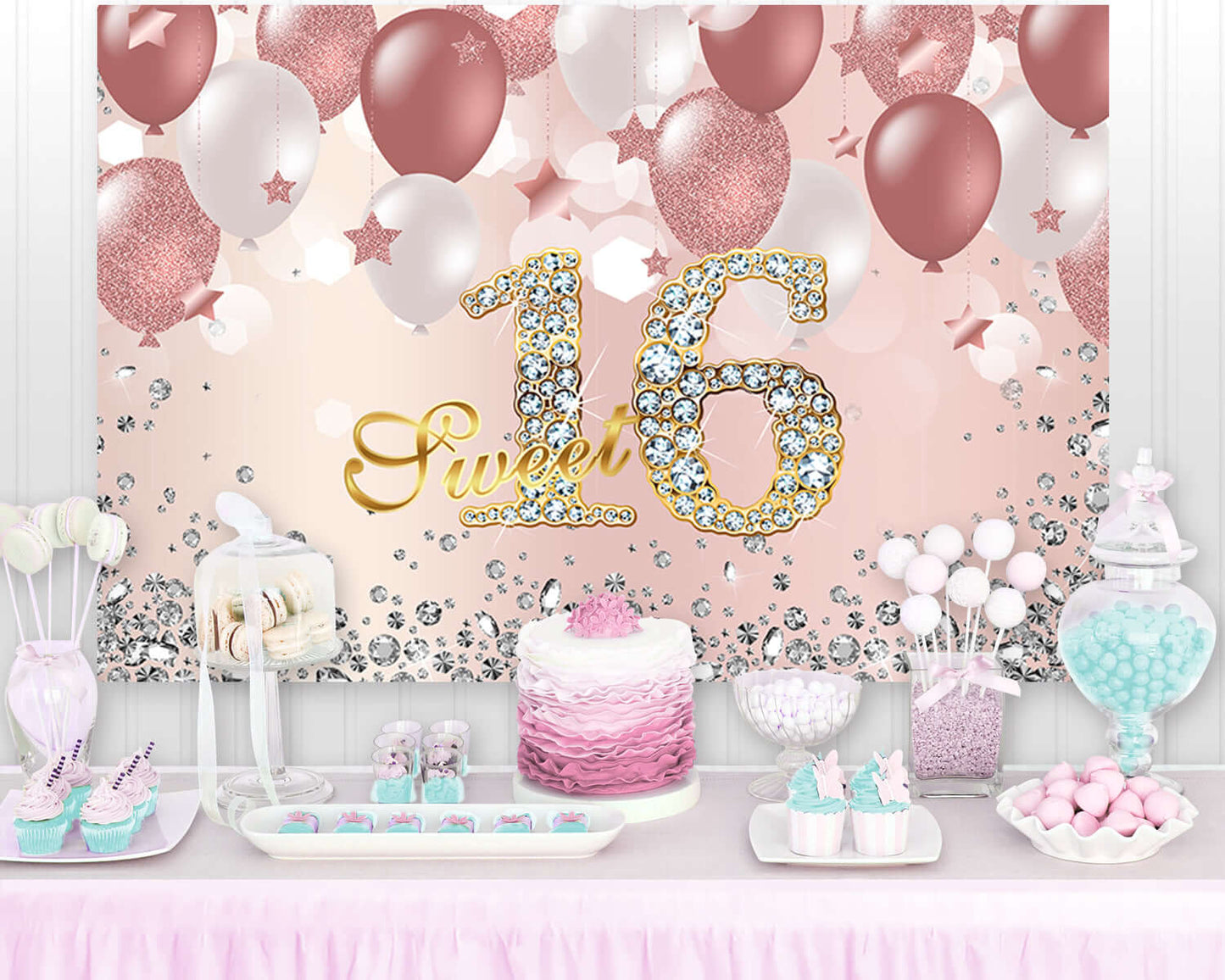 Sweet 16 Birthday Party Backdrop Rose Gold Glitter Dots Diamond Princess Sweet Sixteen Photography Background for Girls Happy 16th Birthday Decorations Banner Photo Booth