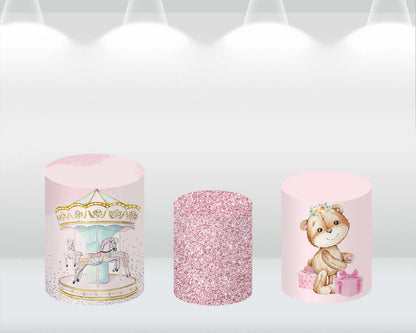 Sensfun Newborn Baby Shower Girl Birthday Party Round Backdrop Cover Bear Glitter Pink Carousel Circle Background Table Cylinder Cover