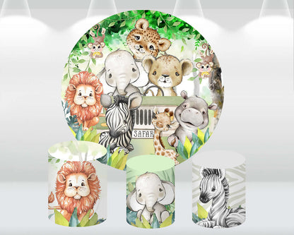 Round Circle Background Baby Shower Boy Birthday Arch Backdrop Jungle Green Leaves Animals Kids Party Decor Table Plinth Cover