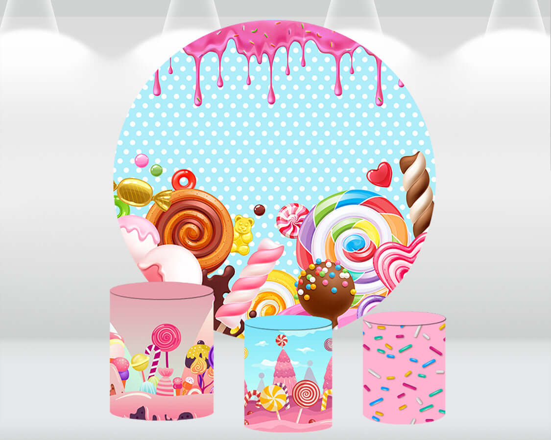 Donut Candyland Baby Shower Round Backdrop Circle Background Cover Newborn 1st Birthday Party Photo Studio Plinth Covers