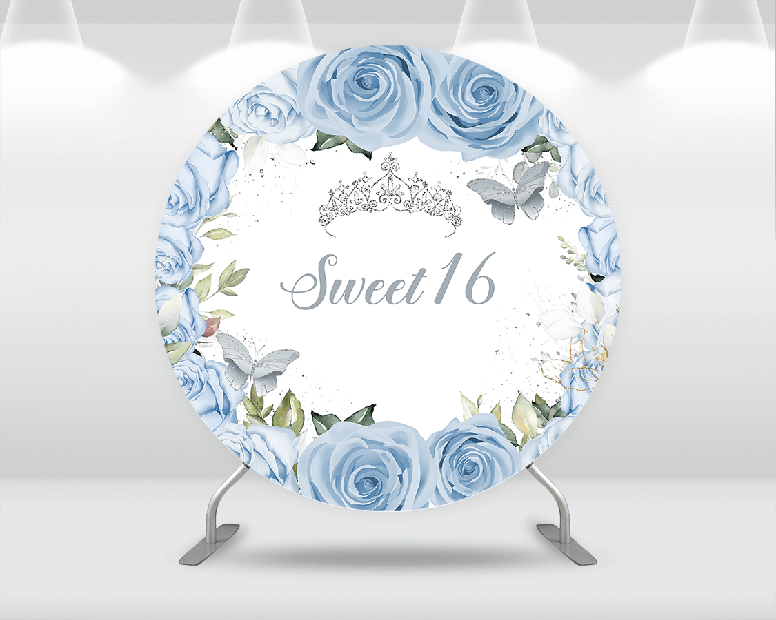 Sweet 16 Circle Round Backdrops Diamond Crown Blue Flowers Butterfly Princess Girl Birthday Background Banner