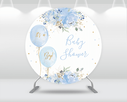 Blue Balloons Flowers Baby Shower Photography Background Boy 1st Birthday Party Decoration Circle Round Backdrop Cover Elastic