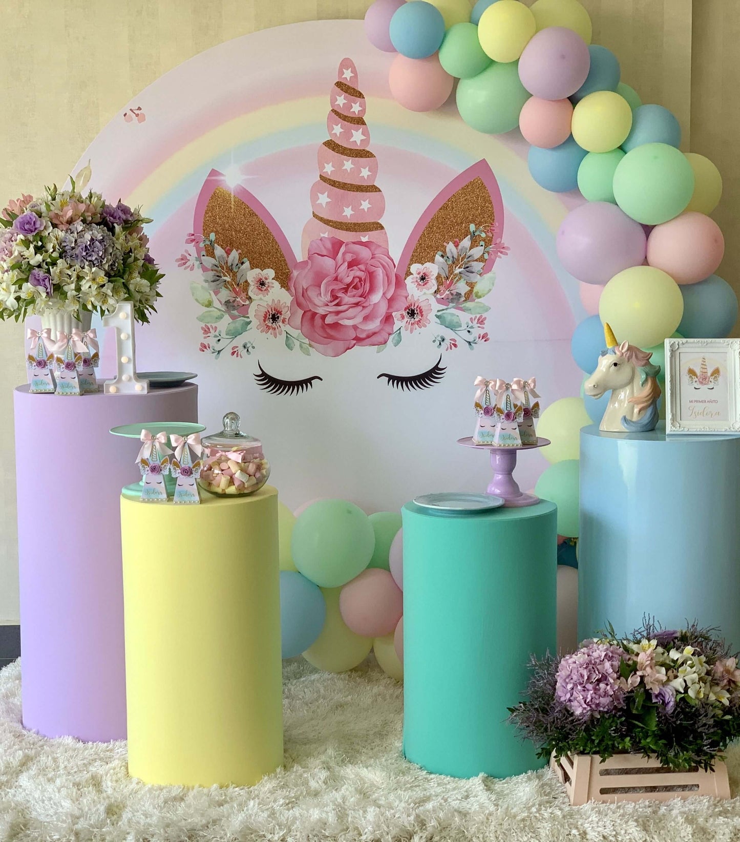 Unicorn Round Backdrop Cover for Kids Birthday Party Decoration Rainbow Unicorn Background Circle Cake Table Banner