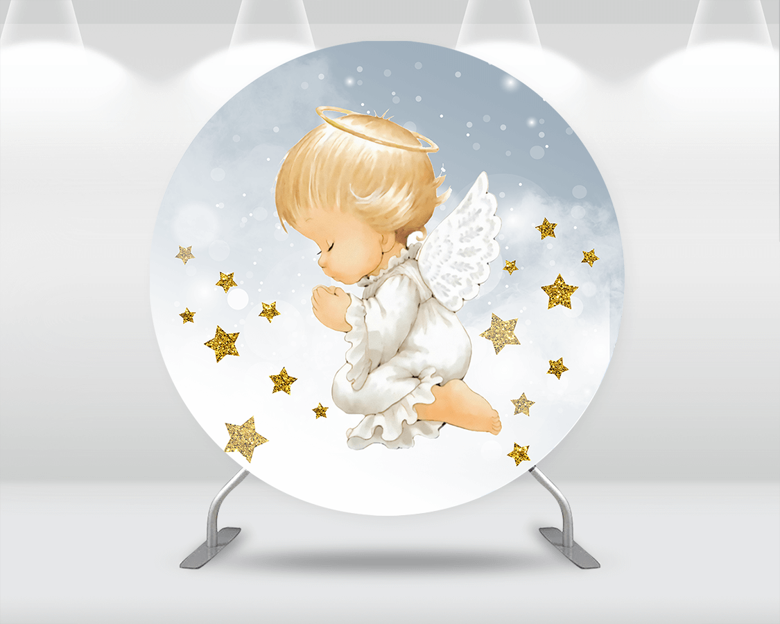 Boy Baby Shower Round Circle Backdrop Gold Stars Angel Boy First Holy Communion Christening Background for Boy Birthday Party Decor