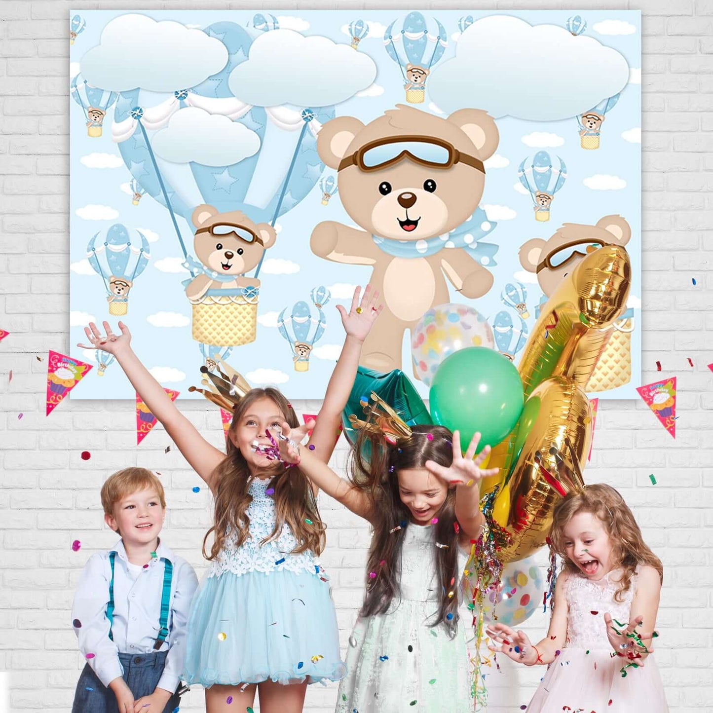 Hot Air Balloons White Clouds Newborn Baby Shower Bear Boy Birthday Backdrop Vinyl Photography Background For Photo Studio