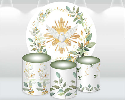 My First Communion Round Backdrop Cover Dove Baby Shower Mi Bautizo Background Green Leaves Arch Wall Backdrop Plinth Covers