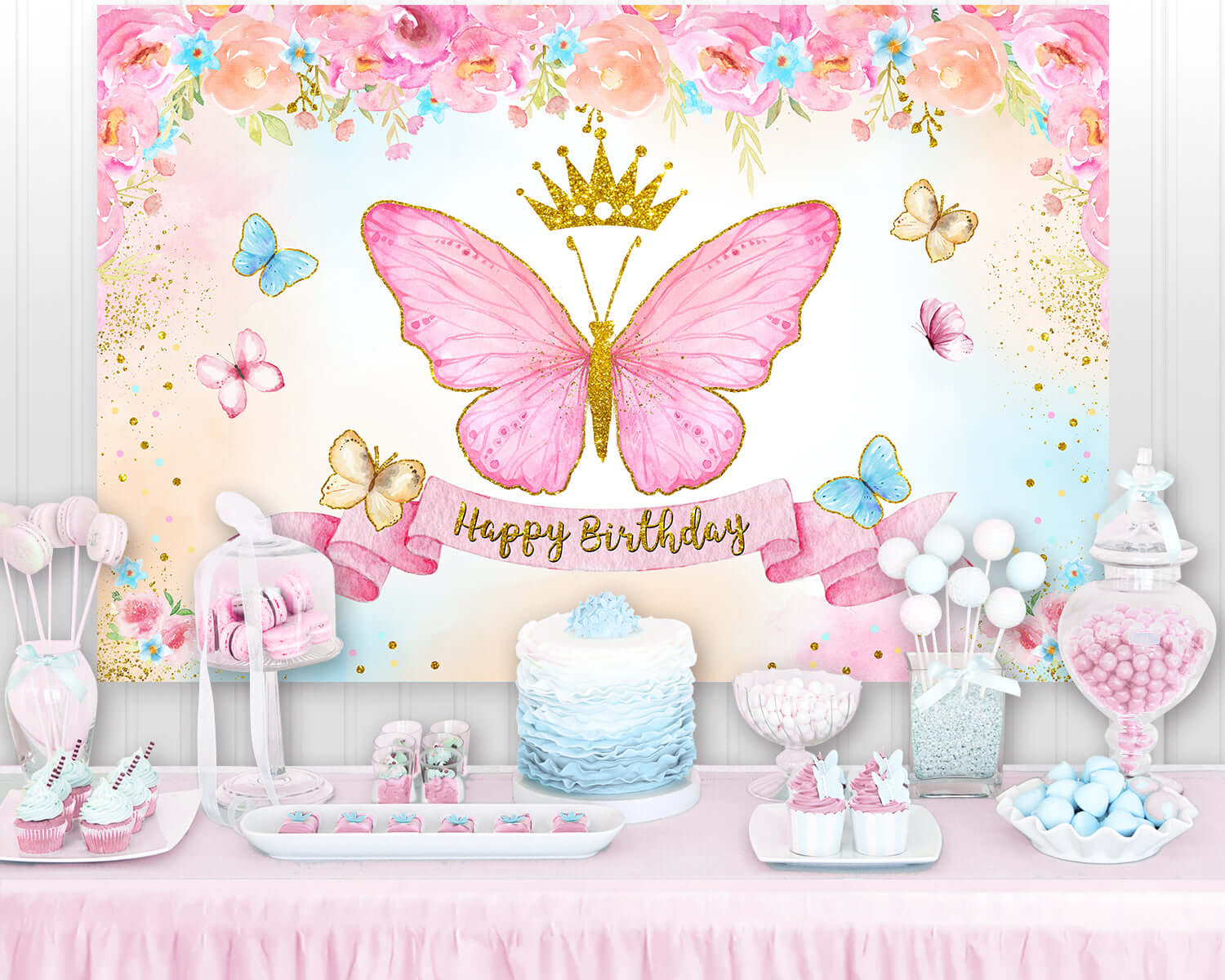 Kids birthday party with colorful pastel decoration and rainbow cake. Girl  and boy with sweets, candy and fruit. Balloons and banner at festive decora  Stock Photo - Alamy