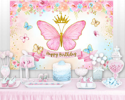 Sensfun Butterfly Birthday Backdrop Girls Fairy Princess Purple Pink Floral Gold Photography Background Kids Cake Table Banner Decor