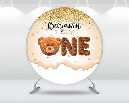 Baby Boy Bear Round Backdrop Polyester Cute Bear Round Photo Shoot Backdrop One Birthday Backdrop Party Supply Banner