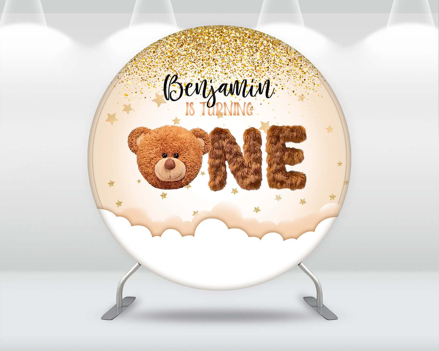 Baby Boy Bear Round Backdrop Polyester Cute Bear Round Photo Shoot Backdrop One Birthday Backdrop Party Supply Banner