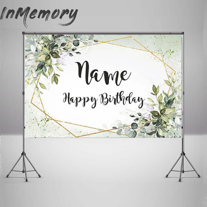Customize Name Birthday Backdrop Green Leaves Happy Birthday Party Decoration Gold Glitter Dot DIY Personalize Baby Shower Decor