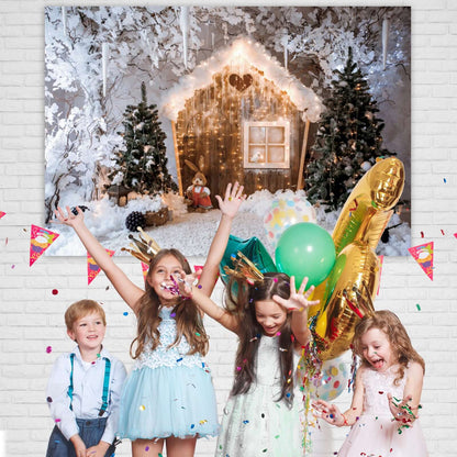 Winter Christmas Photo Backdrop Shiny Wood Cabin Cartoon Forest Snowscape Pine Trees Child Shoot Party Photography Background