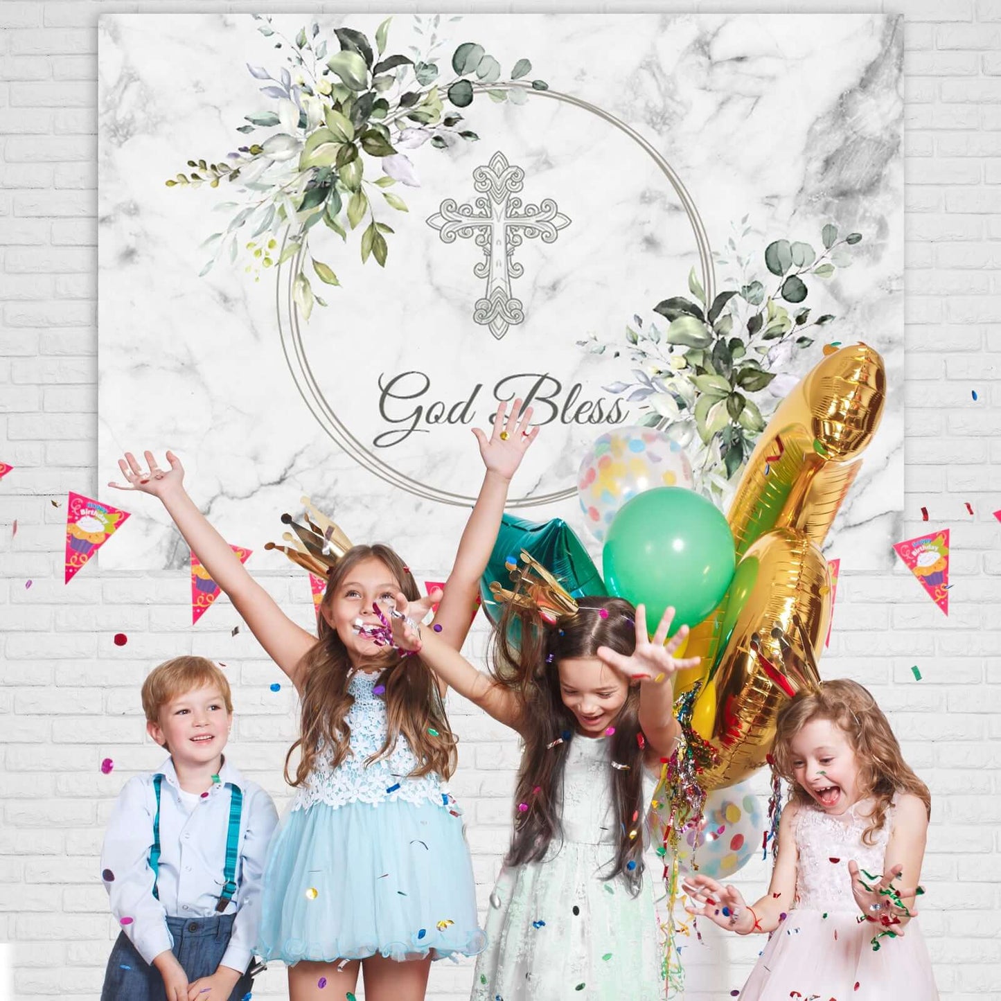 Sensfun First Holy Communion Backdrops Party Decoration Cake Table Banner Silver Cross Marble Green Leaves God Bless Photography Backgrounds