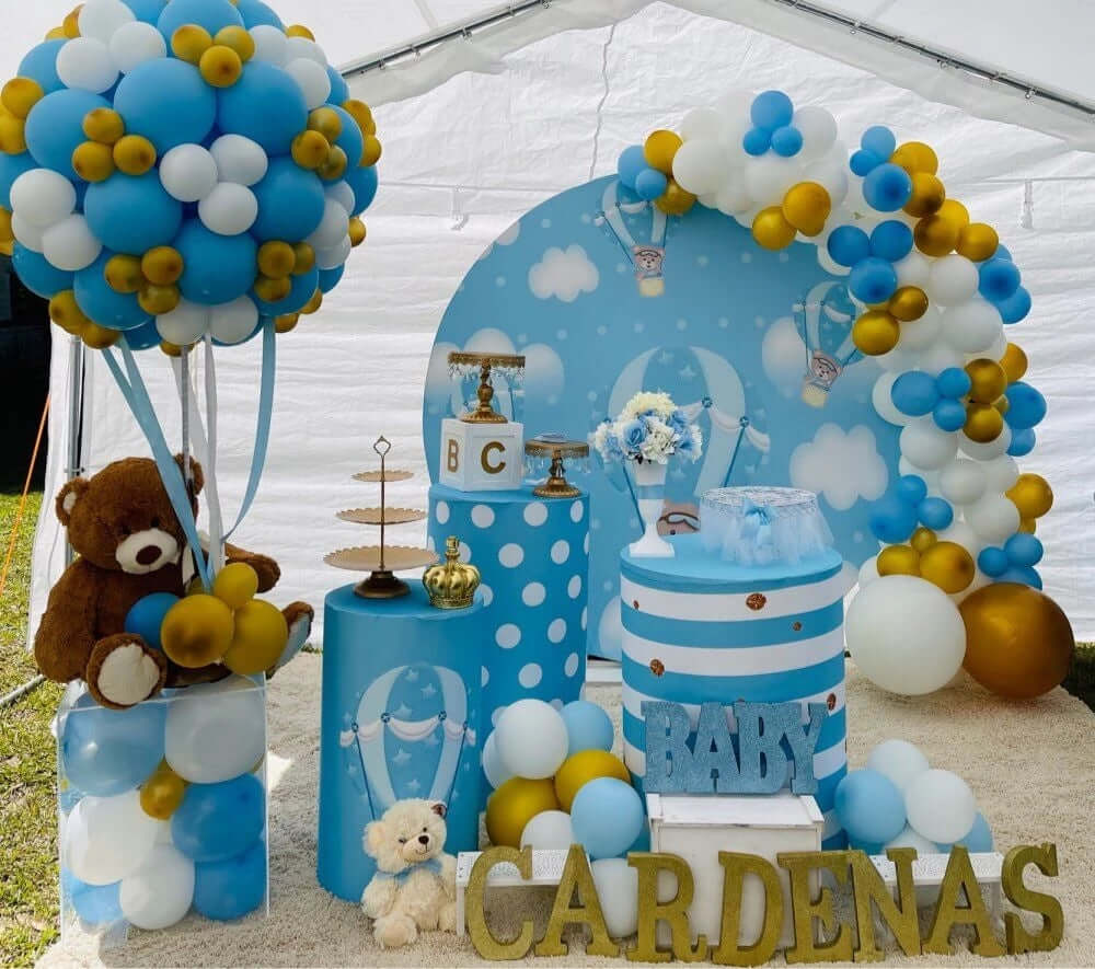 Sensfun Circle Round Background Blue Hot Air Balloon Bear Boy 1st Birthday Party Cake Table Pillar Covers Photo Studio