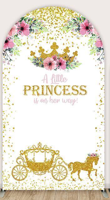 Gold Glitter Crown Baby Shower Background Carriage a LITTLE Princess is on her way Arch Cover
