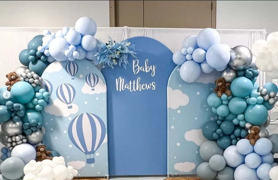 Newborn Baby Shower Arch Wall Backdrop Cover Blue White Clouds Hot Air Balloons Background Photo Studio