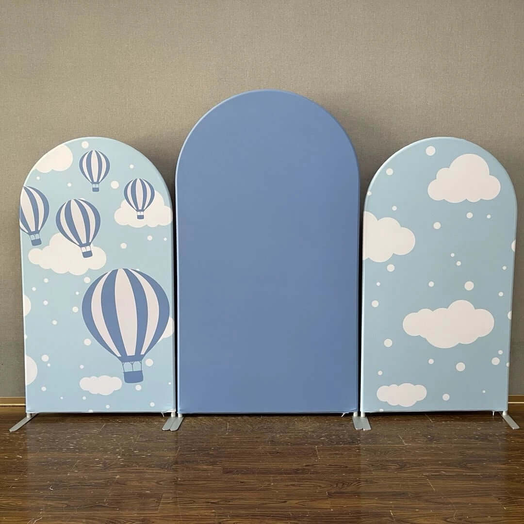Newborn Baby Shower Arch Wall Backdrop Cover Blue White Clouds Hot Air Balloons Background Photo Studio
