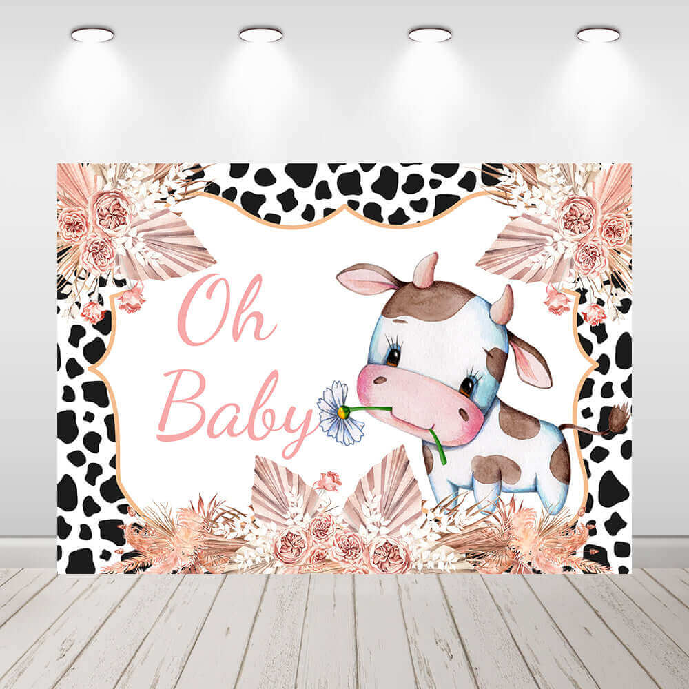 Holy Cow I'm One 1st Birthday Baby Shower Backdrop 7Wx5H Feet Polyester Fabric Girls Pink Floral Rustic Wood Cute Animal Newborn Party Photography Background Decor Banner Studio Photo Shoot