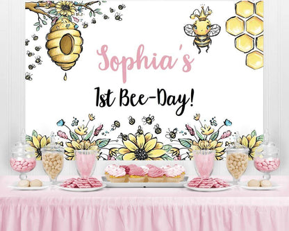 Honey Bee Birthday Backdrop Girl birthday Party decorations Bumble Bee party Photography Background banner