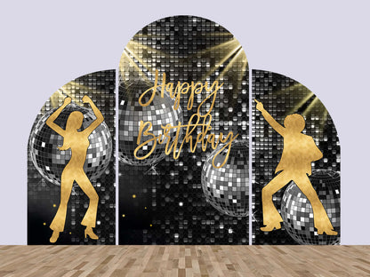 Glitter Black and Gold Happy Birthday Arched Wall Chiara Backdrop 90s Adult Birthday Background Dancing Stage Photobooth