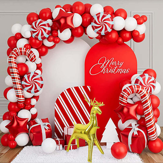 Christmas Balloon Garland Arch kit 123 Pieces with Christmas Red White Candy Balloons Arch Backdrops Cover Reindeer Balloons for Christmas Party Decorations