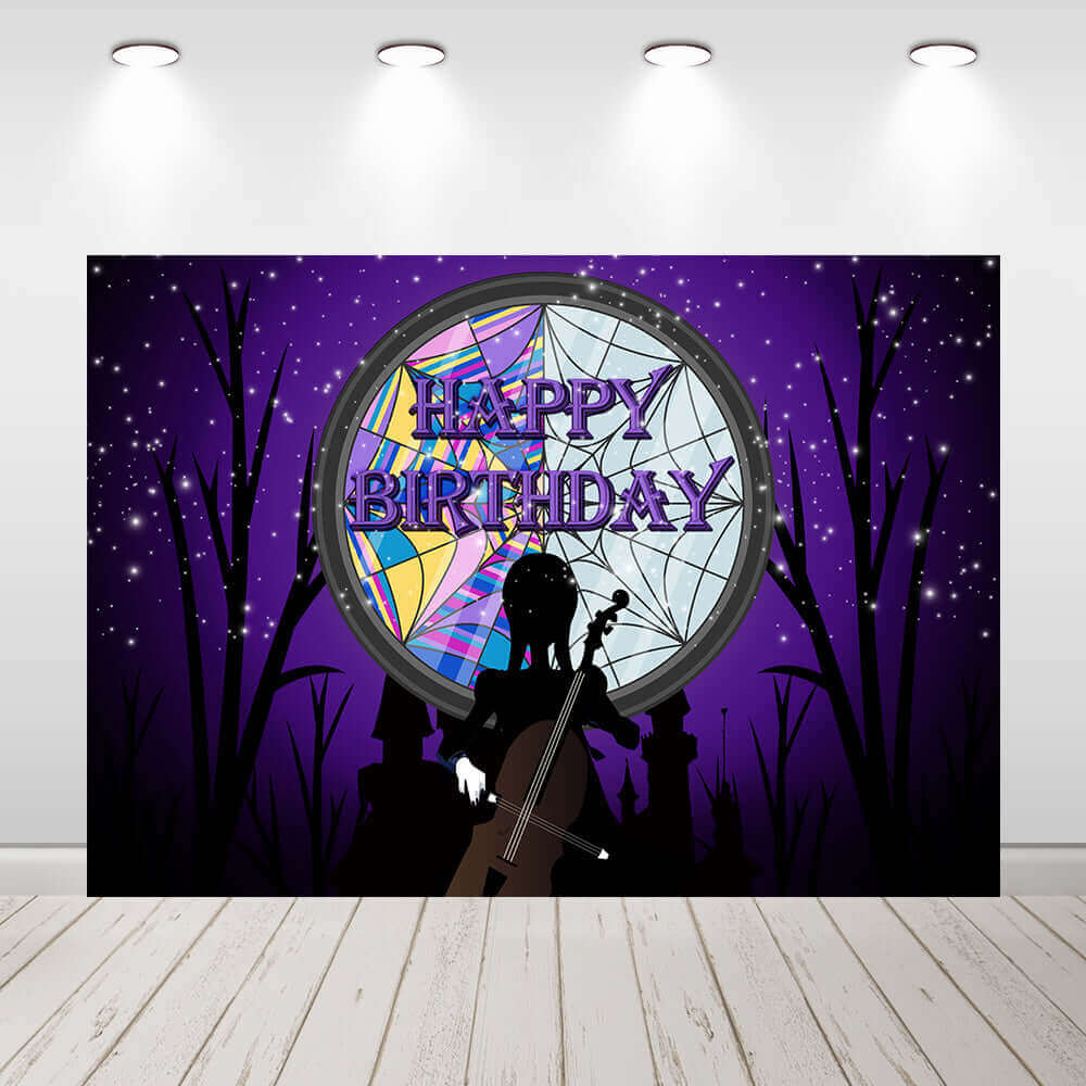 Wednesday Happy Birthday Backdrop, Wednesday Party Decorations for Children Happy Birthday Banner Wednesday Party Supplies Photography Background Decorations