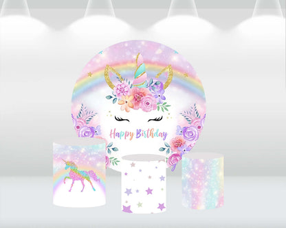 Rainbow Unicorn Birthday Round Backdrop Cover Flower Baby Shower Kids 1st Birthday Photo Studio Party Banner Circle Background