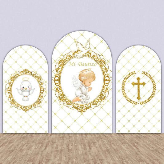Gold Corss Angel Baptism Arch Wall Chiara Backdrop First Holy Communion Newborn Background for Photography Props Banner