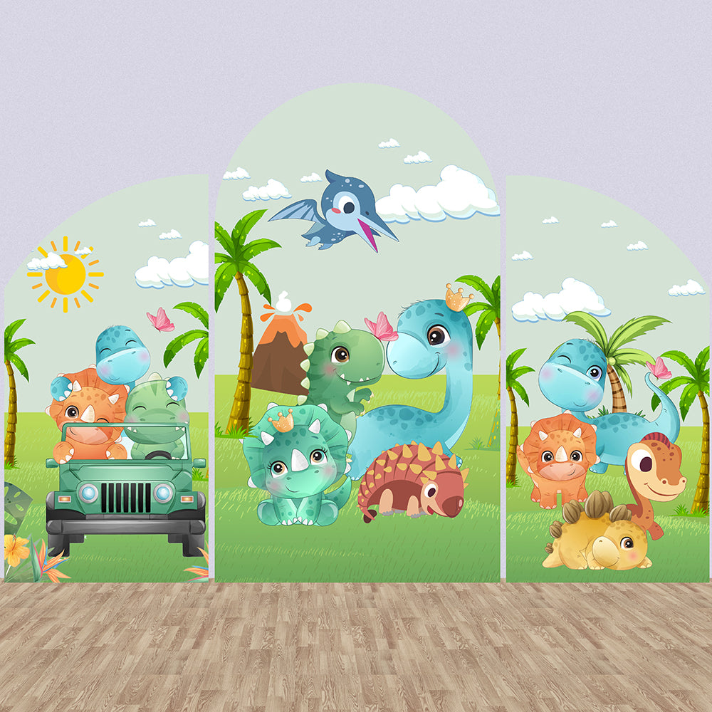 Sensfun Cartoon Dinosaur Arched Wall Chiara Backdrop for Boy Birthday Party Decoration Safari Jungle Party Background Photobooth